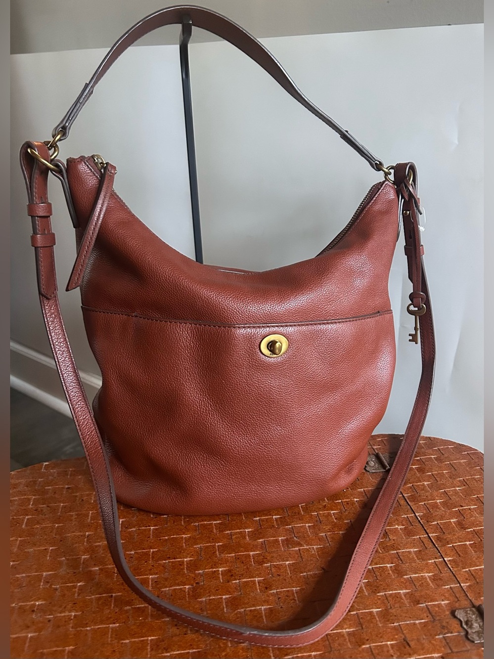 Fossil Talulla Hobo Bag Brandy Pebbled Leather Convertible Crossbody